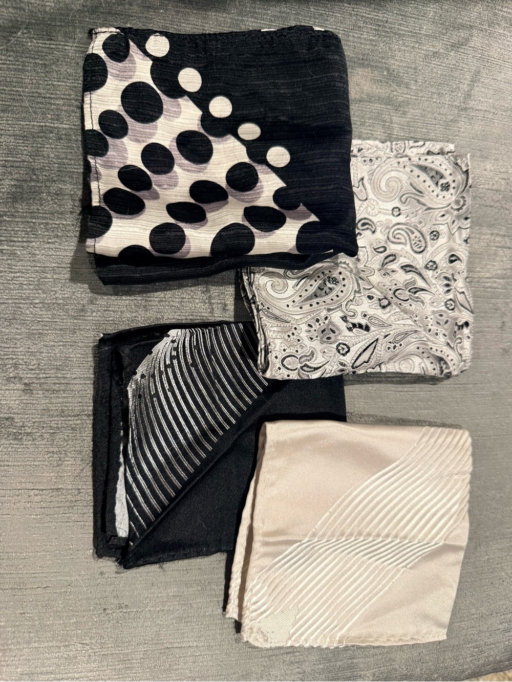 Vintage, Hand Made 100% Silk Pocket Squares – Set of 4 – Black & White